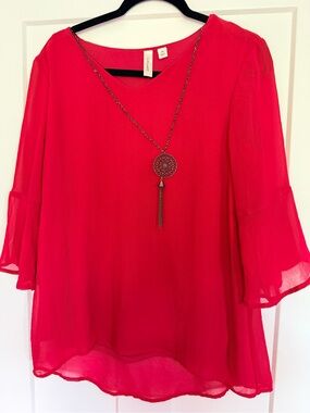 Tacera Vibrant Red Chiffon Bell Sleeve Blouse